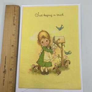 Vintage Gibson Greeting Card Small Blessings Girl Puppies Dogs Birds Unused